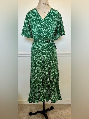 Green and White Floral Midi Wrap Dress with Ruffle Hem